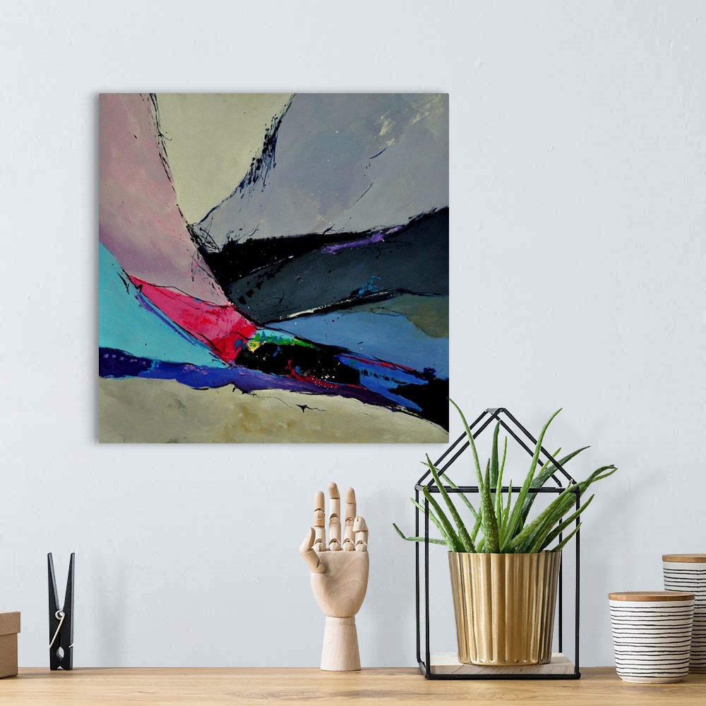 A bohemian room featuring Abstract landscape of rolling hills in colors of blue, red and green textured brush strokes.