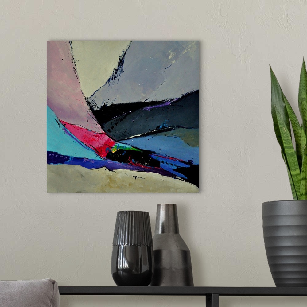 A modern room featuring Abstract landscape of rolling hills in colors of blue, red and green textured brush strokes.