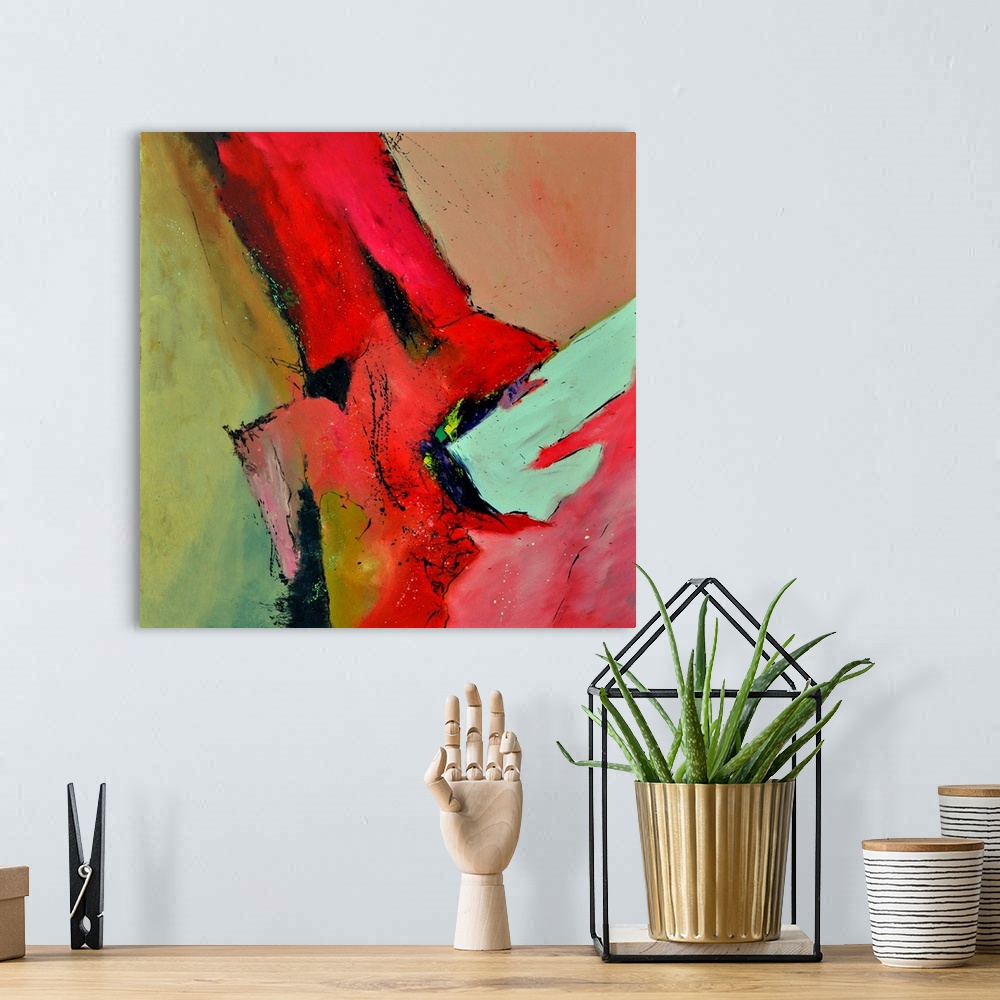 A bohemian room featuring Abstract painting with vibrant hues in shades of red, yellow, blue and white mixed in with black ...