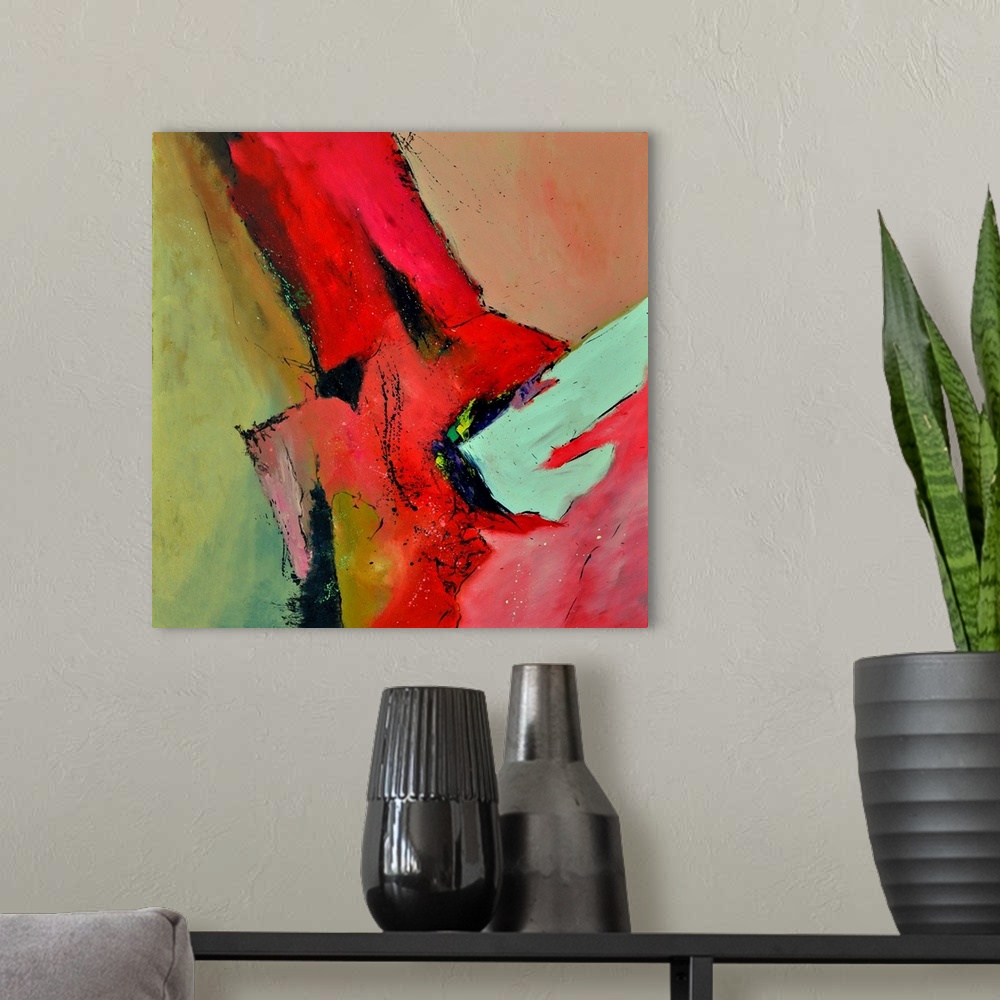 A modern room featuring Abstract painting with vibrant hues in shades of red, yellow, blue and white mixed in with black ...