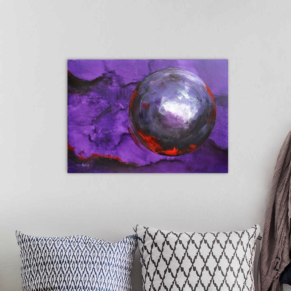 A bohemian room featuring Abstract painting of circles and bold textures of paint in colors of purple, white and red.