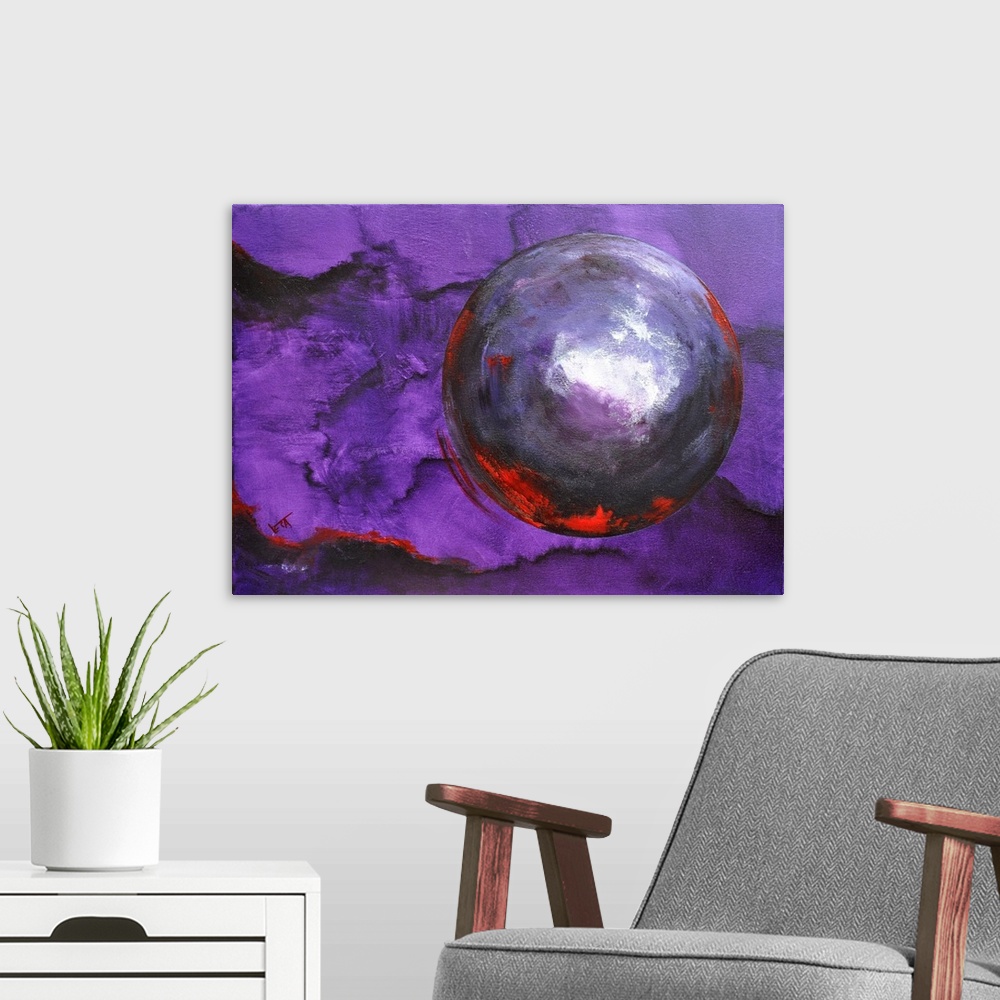 A modern room featuring Abstract painting of circles and bold textures of paint in colors of purple, white and red.
