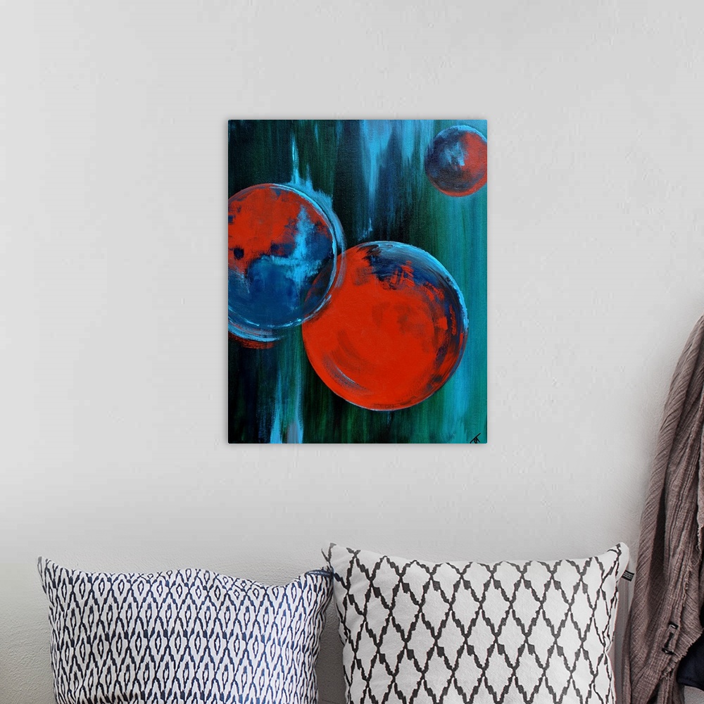 A bohemian room featuring Abstract painting of circles and bold strokes of paint in colors of blue, black and red.