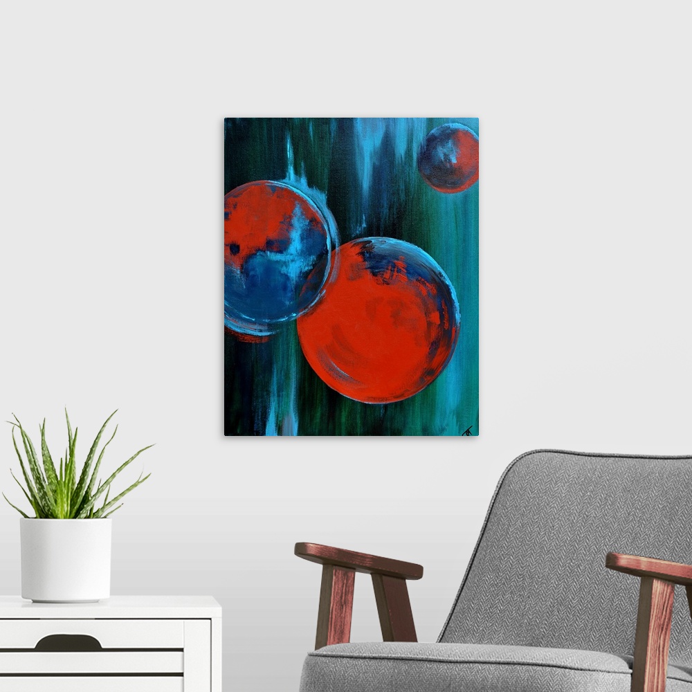 A modern room featuring Abstract painting of circles and bold strokes of paint in colors of blue, black and red.
