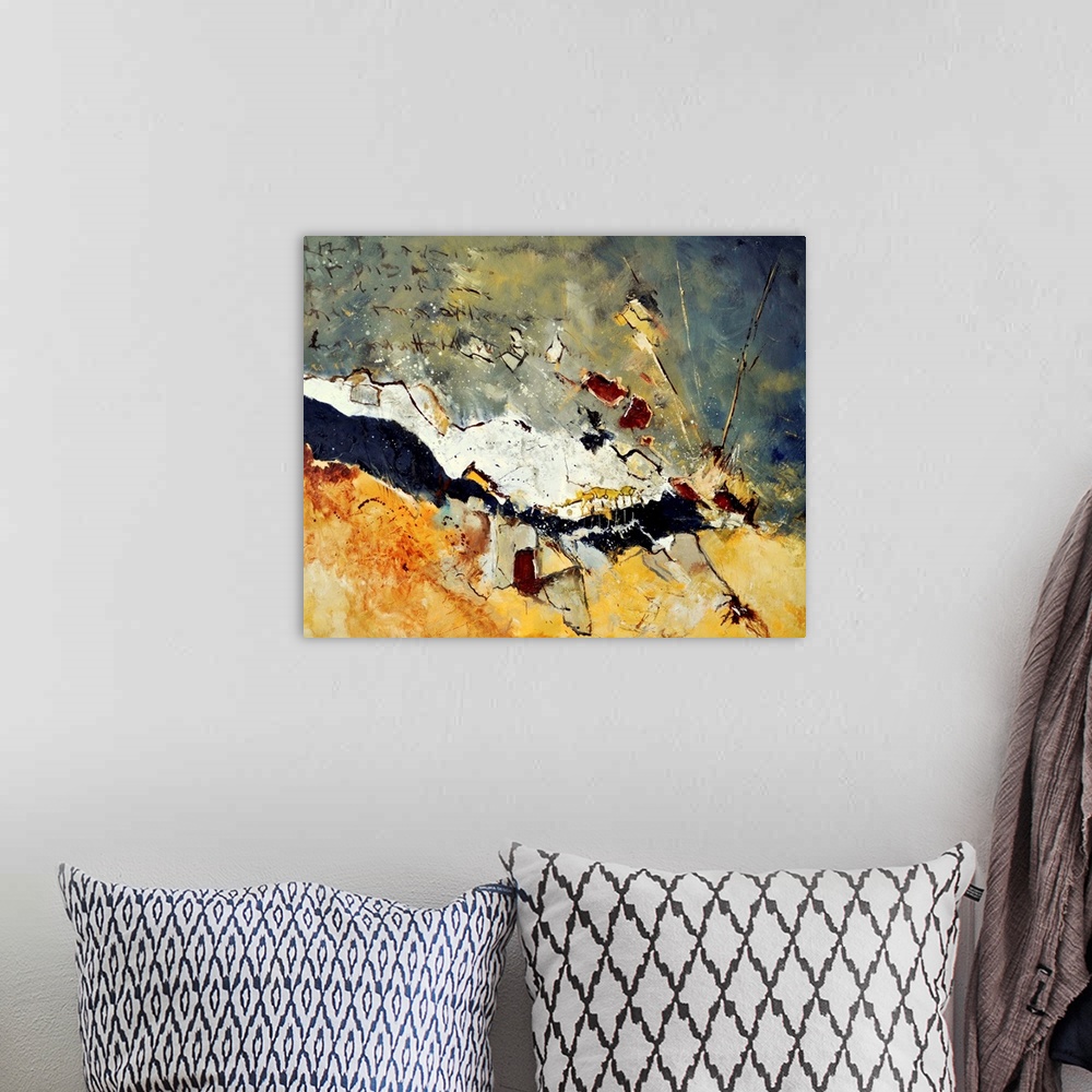 A bohemian room featuring A horizontal abstract painting in dark shades of black, orange, white and yellow with splatters o...
