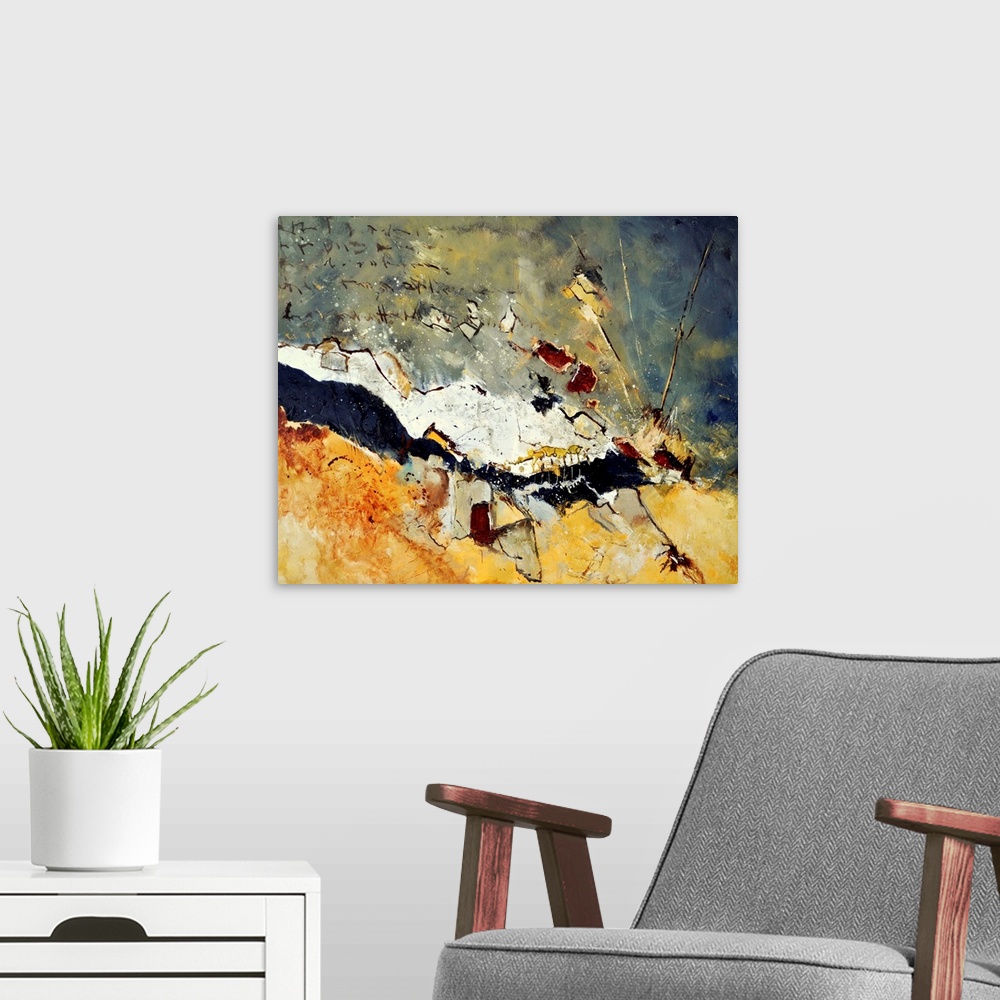 A modern room featuring A horizontal abstract painting in dark shades of black, orange, white and yellow with splatters o...