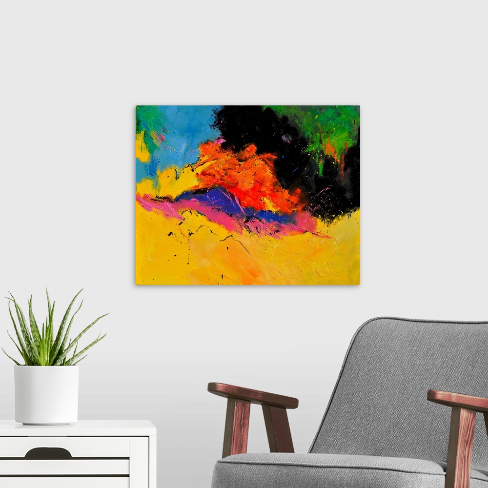 A modern room featuring A horizontal abstract painting in vibrant colors of yellow, orange, pink and green with splatters...