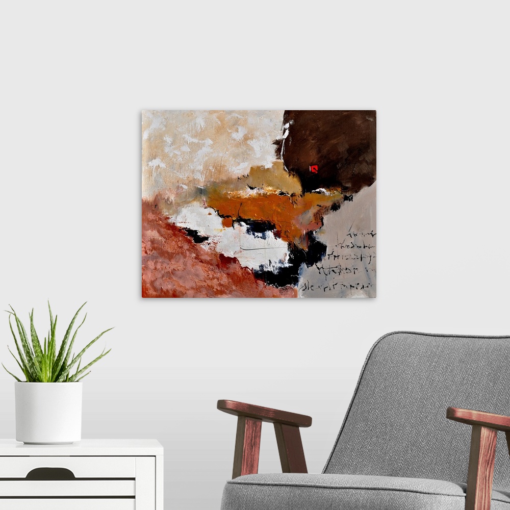 A modern room featuring A horizontal abstract painting in neutral shades of black, brown and cream with splatters of pain...