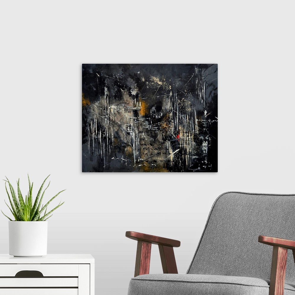 A modern room featuring Abstract painting in dark shades of black, white and gray with splatters of paint overlapping and...