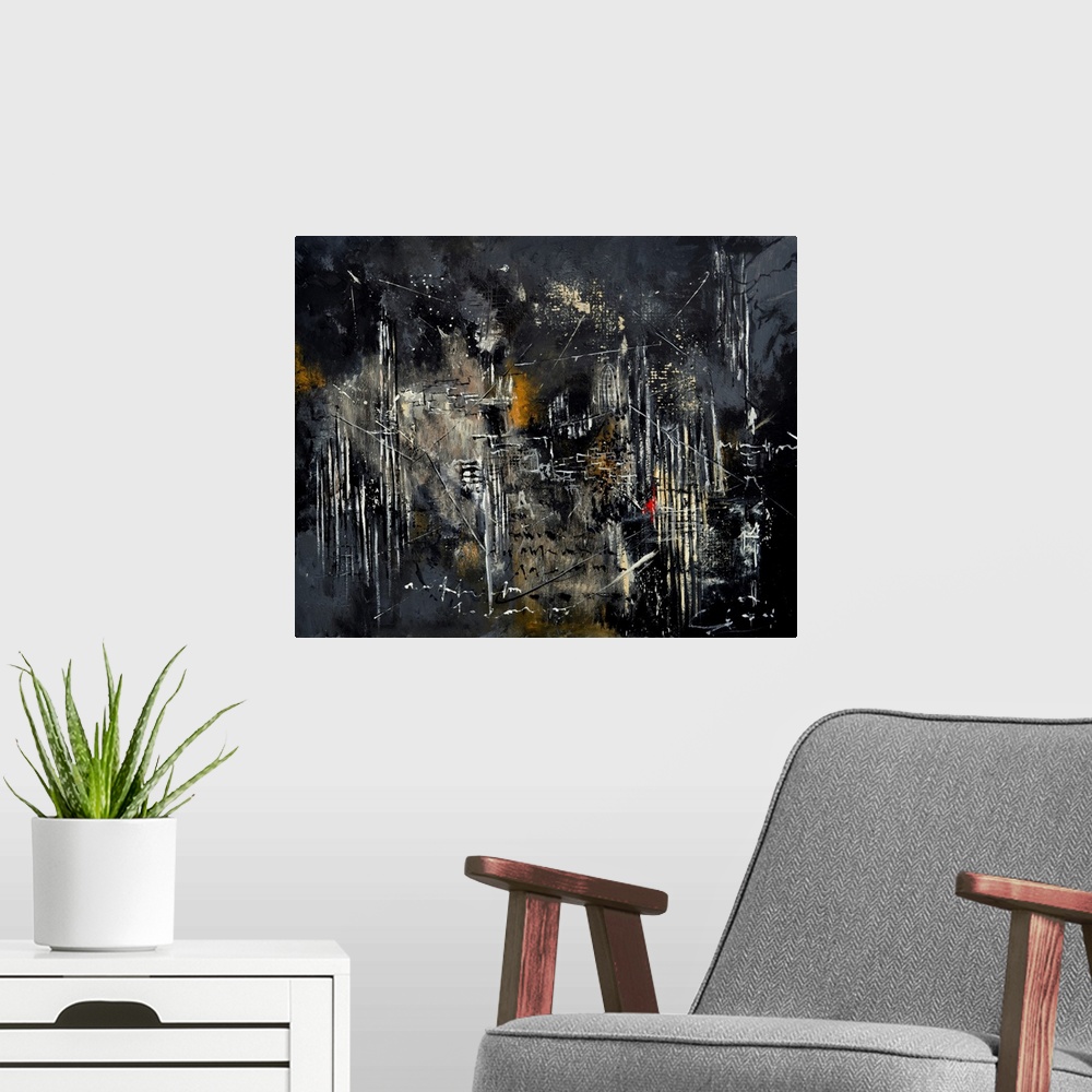 A modern room featuring Abstract painting in dark shades of black, white and gray with splatters of paint overlapping and...