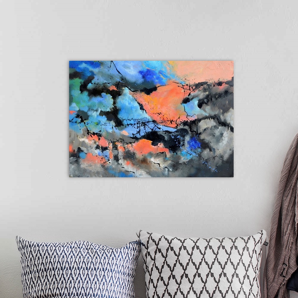 A bohemian room featuring Contemporary abstract painting in pastels and stormy grays.