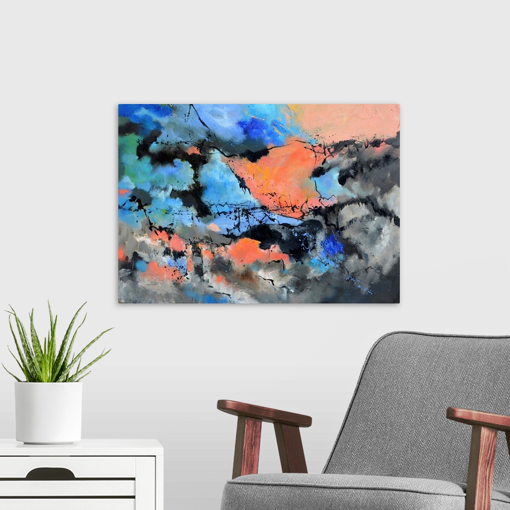 A modern room featuring Contemporary abstract painting in pastels and stormy grays.