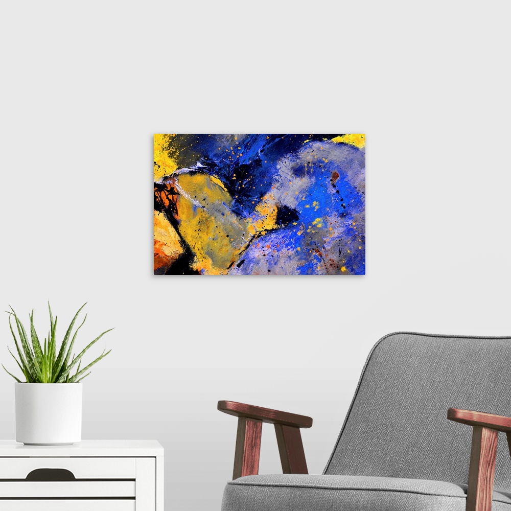 A modern room featuring Abstract painting in dark shades of black, blue, white and yellow with splatters of paint overlap...