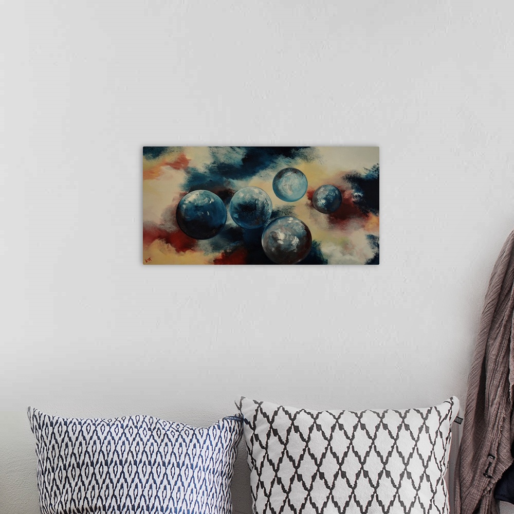 A bohemian room featuring Horizontal abstract painting of circles and bold strokes of paint in colors of gray, brown and bl...