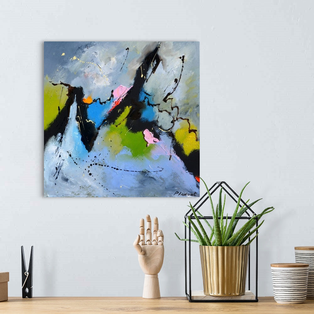A bohemian room featuring Square abstract painting in textured shades of black, blue, pink, and green with splatters of pai...
