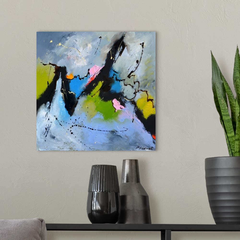 A modern room featuring Square abstract painting in textured shades of black, blue, pink, and green with splatters of pai...