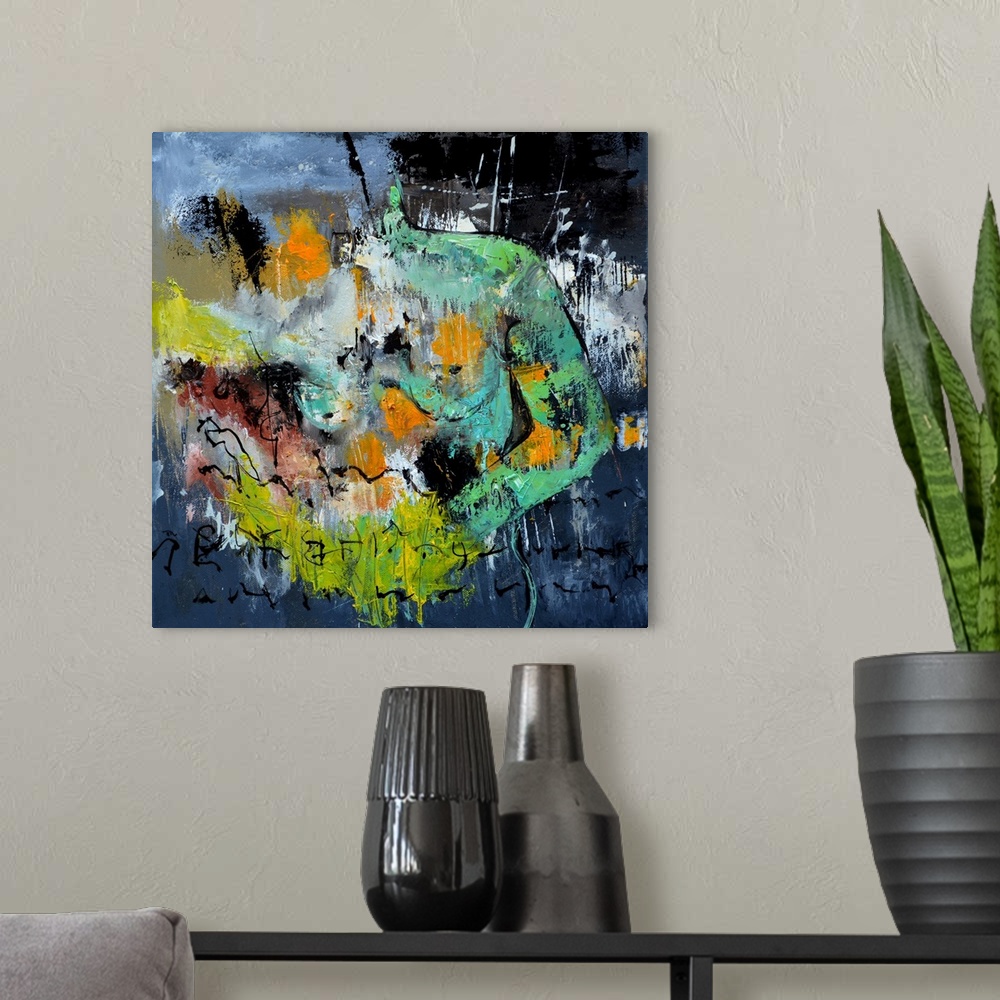 A modern room featuring A square abstract painting in dark shades of green, gray, orange and yellow with splatters of pai...