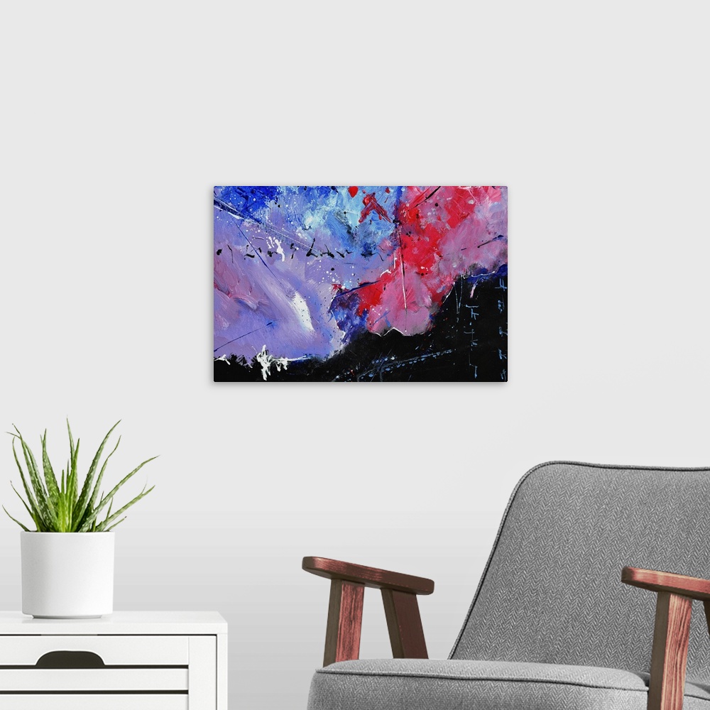 A modern room featuring Abstract painting in shades of black, blue, red and purple with splatters of paint overlapping.
