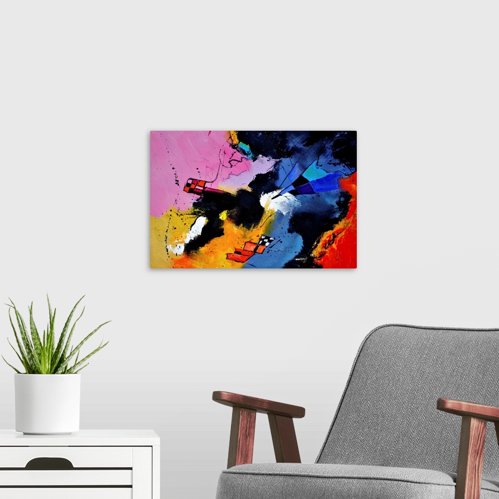 A modern room featuring A horizontal abstract painting in vibrant shades of blue, pink, red and yellow with splatters of ...