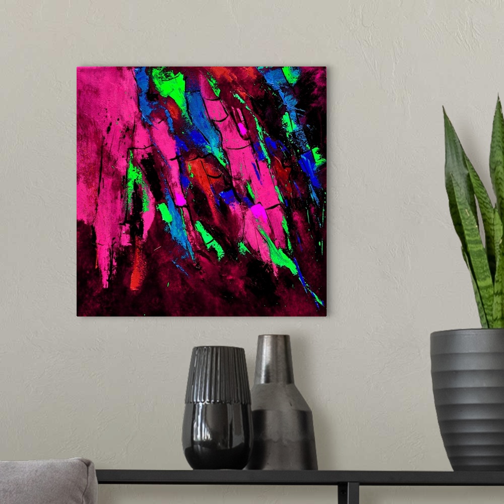A modern room featuring Abstract painting in shades of pink, blue and green mixed in with black contrasting designs.
