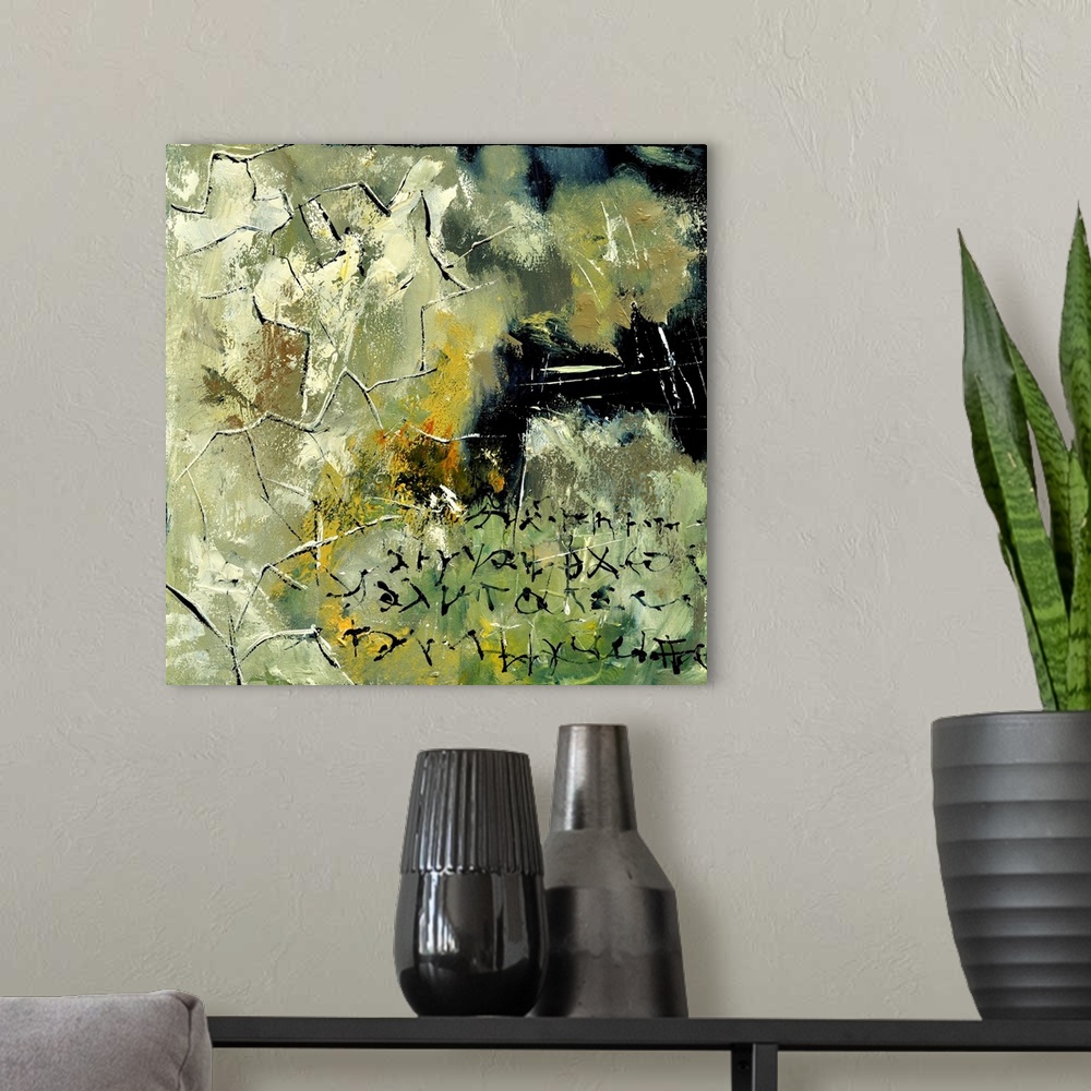 A modern room featuring A square abstract painting in textured shades of black, green and yellow with splatters of paint ...