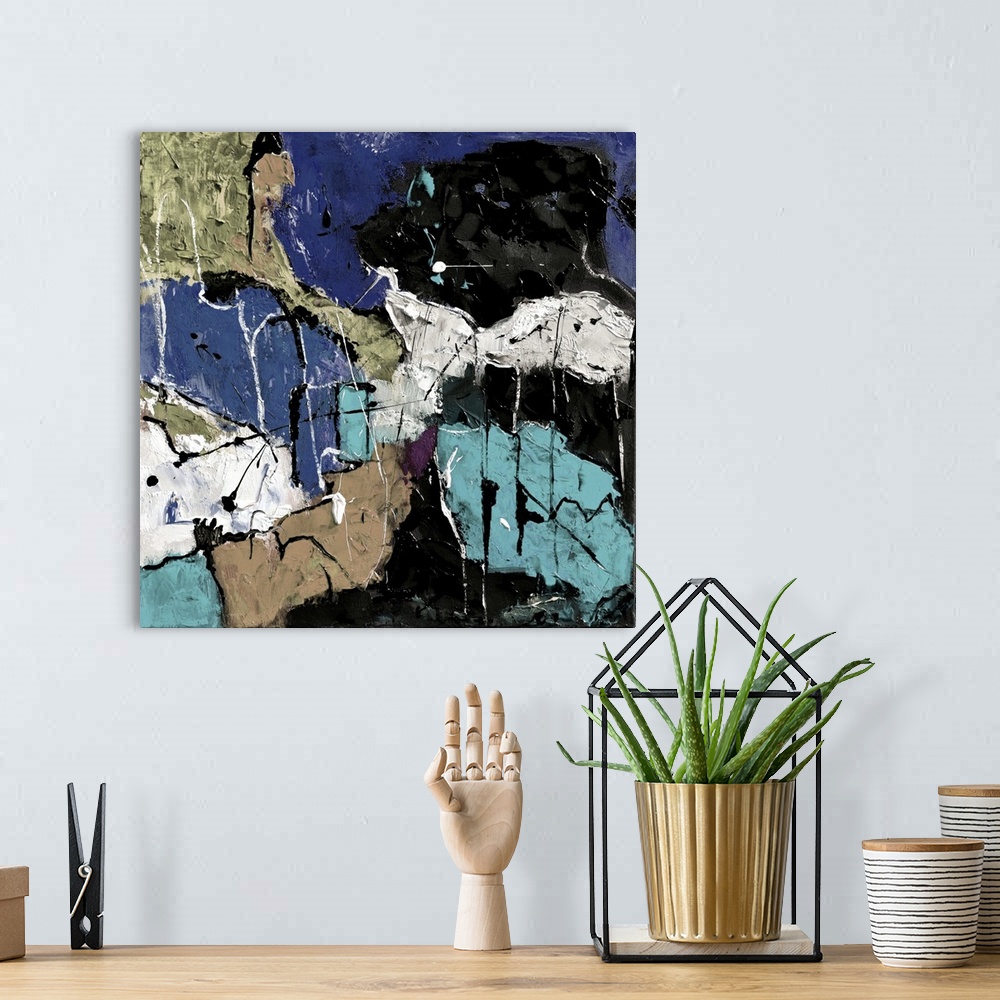 A bohemian room featuring A square abstract painting in textured shades of black, blue, white and brown with splatters of p...