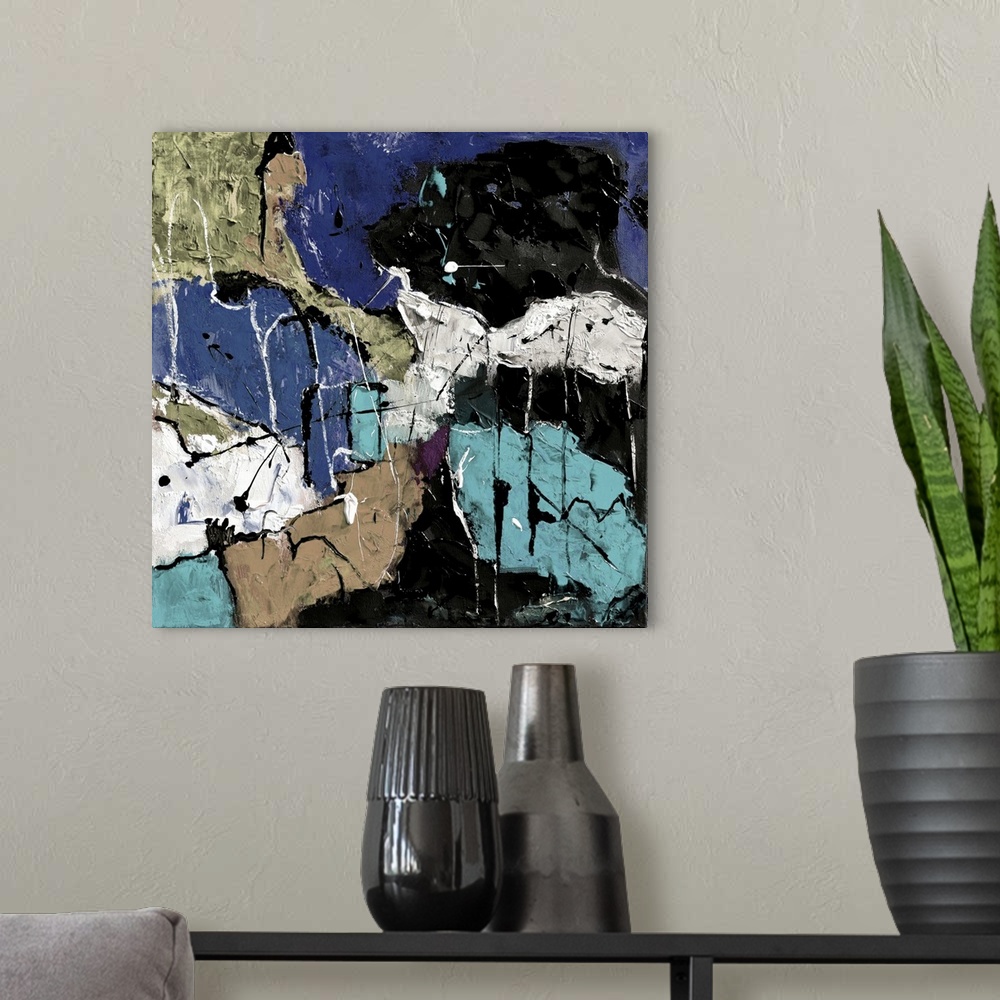 A modern room featuring A square abstract painting in textured shades of black, blue, white and brown with splatters of p...