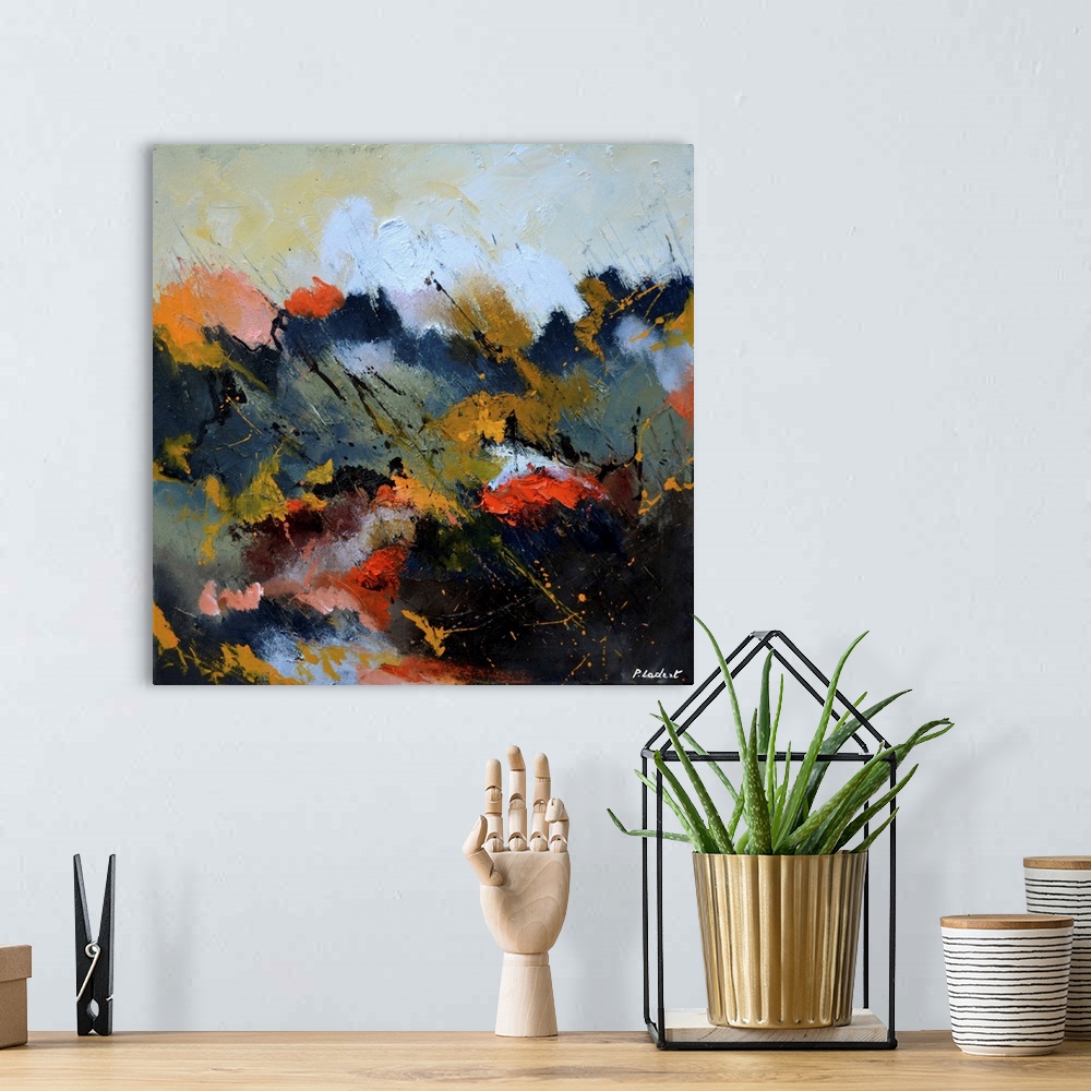 A bohemian room featuring Contemporary abstract painting in earth tones and bright orange.