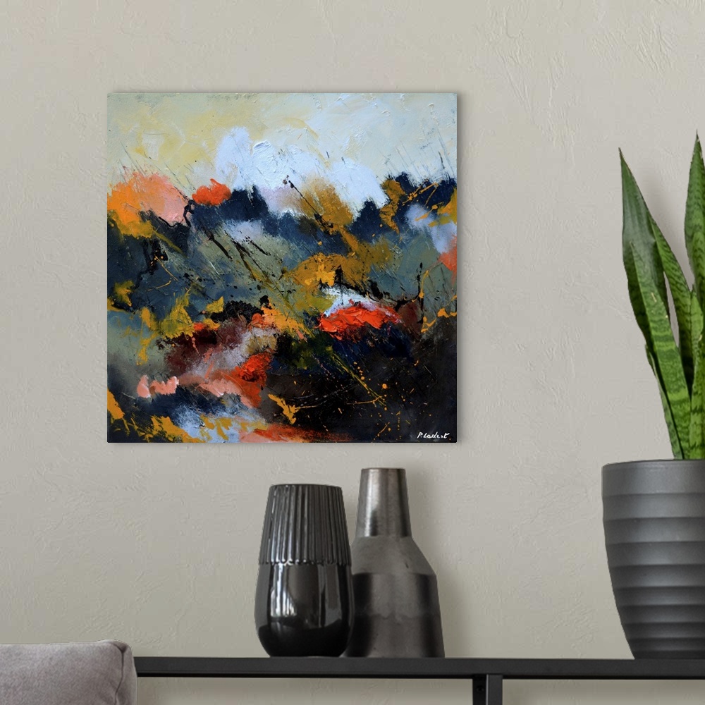 A modern room featuring Contemporary abstract painting in earth tones and bright orange.