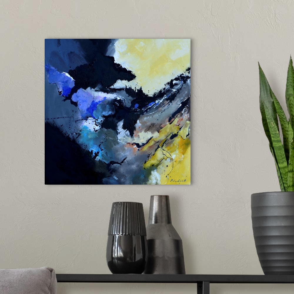 A modern room featuring Contemporary abstract painting in yellow, black, and gray.