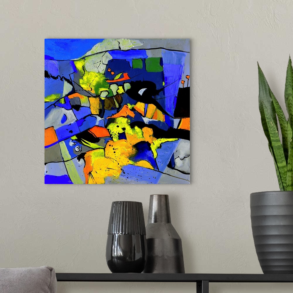 A modern room featuring A square abstract painting in vibrant shades of black, blue, orange and yellow with splatters of ...