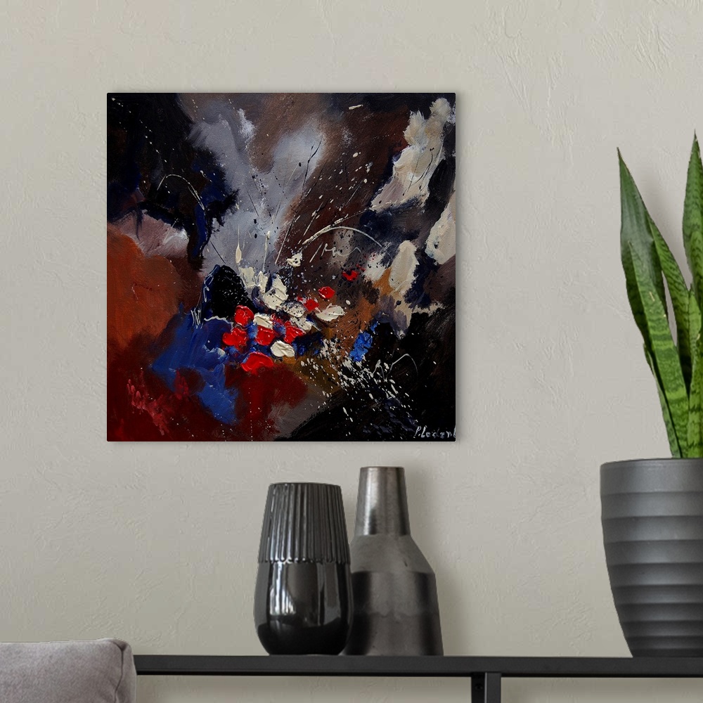 A modern room featuring Abstract painting of colors of brown, black and blue with hints of red in textured brush strokes ...