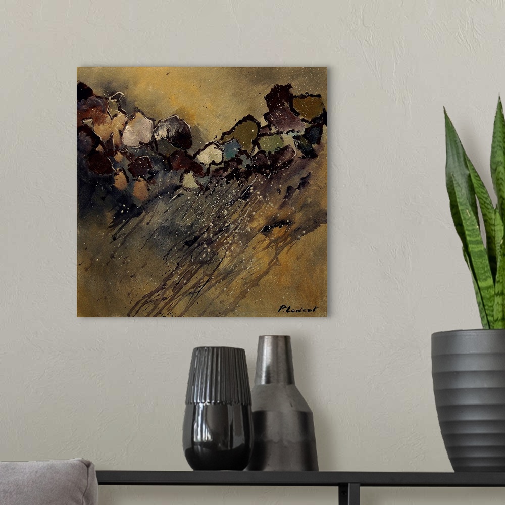 A modern room featuring Abstract painting of stones in natural colors of textured brush strokes and splattered paint.