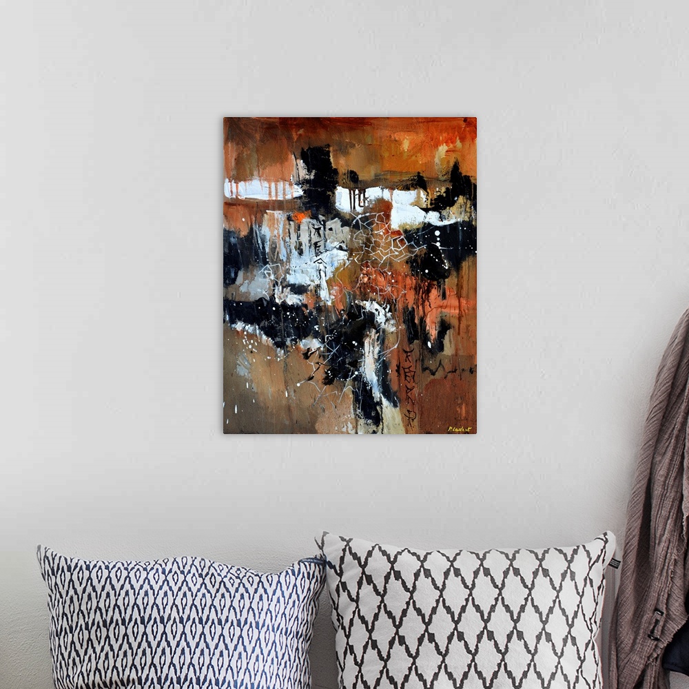 A bohemian room featuring Contemporary abstract painting in earth tones.