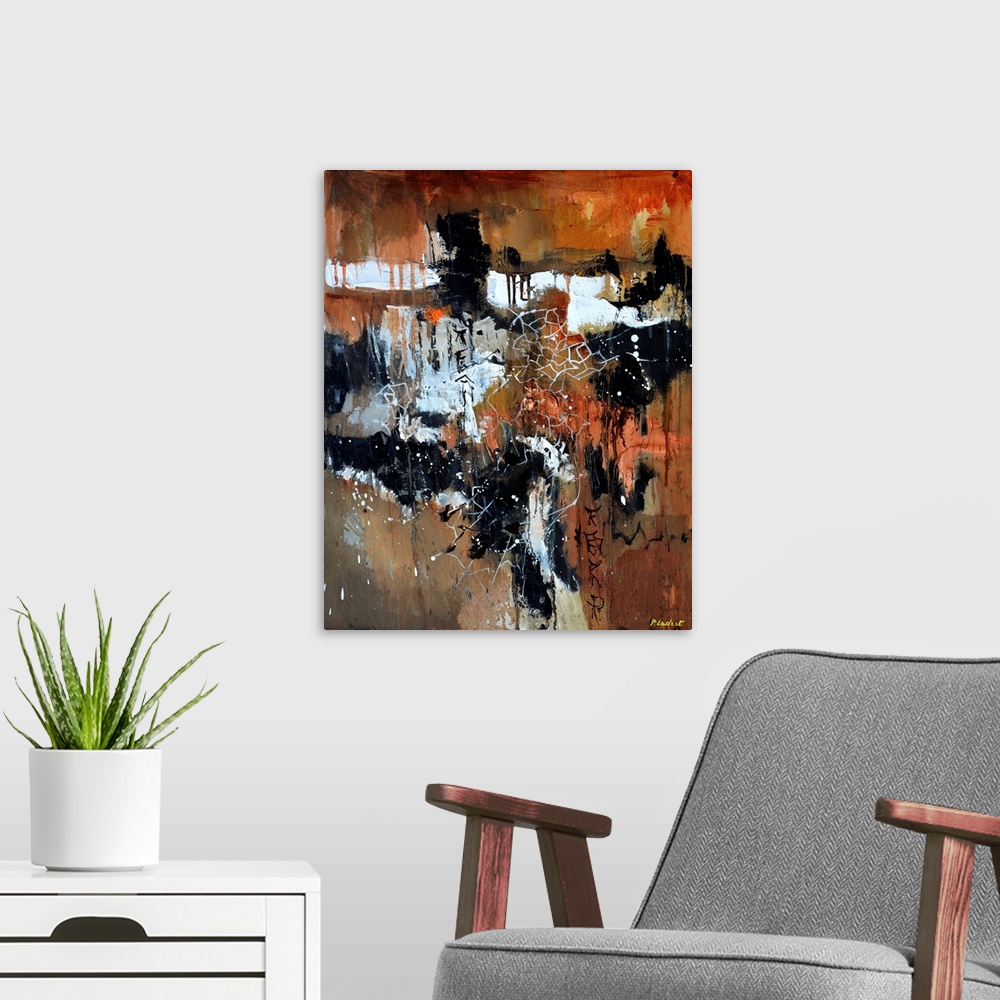 A modern room featuring Contemporary abstract painting in earth tones.