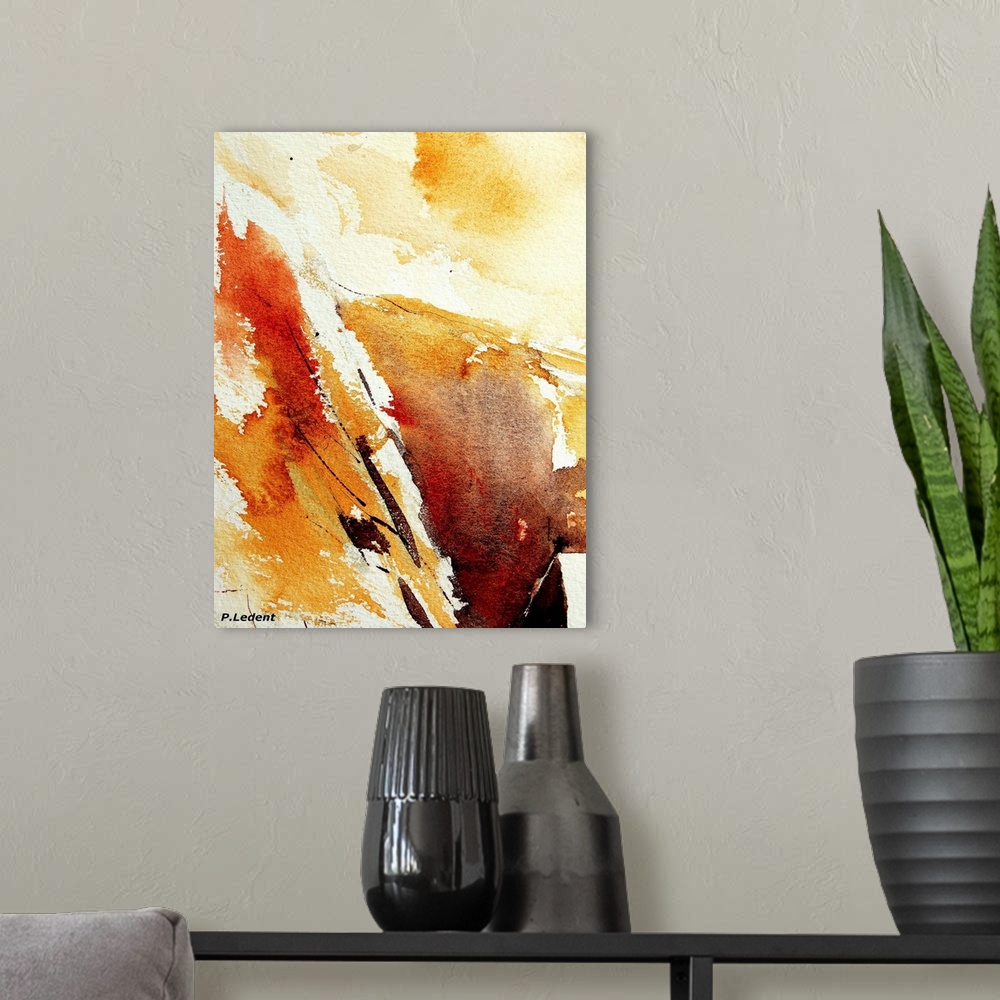 A modern room featuring Vertical abstract watercolor painting of shades of yellow, brown and orange.