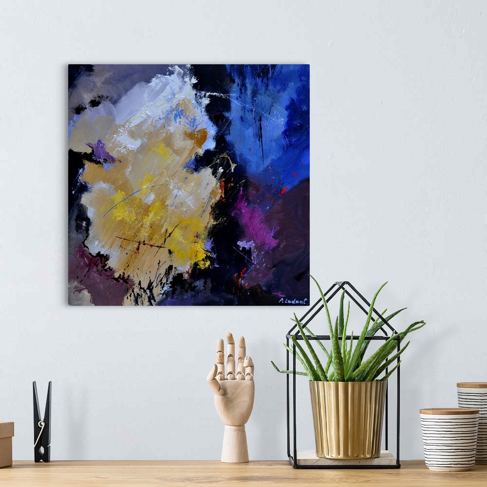 A bohemian room featuring Abstract painting with darken hues in shades of yellow, blue, purple, and white mixed in with bla...