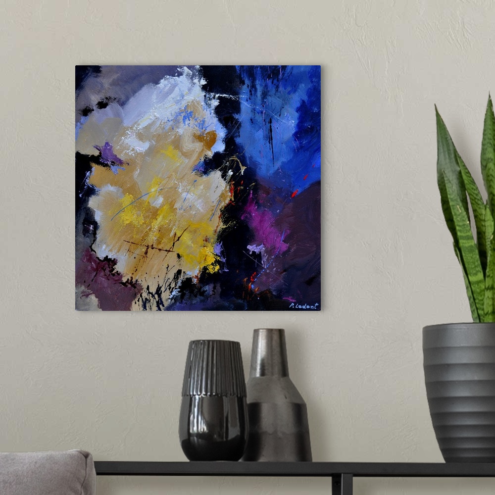 A modern room featuring Abstract painting with darken hues in shades of yellow, blue, purple, and white mixed in with bla...