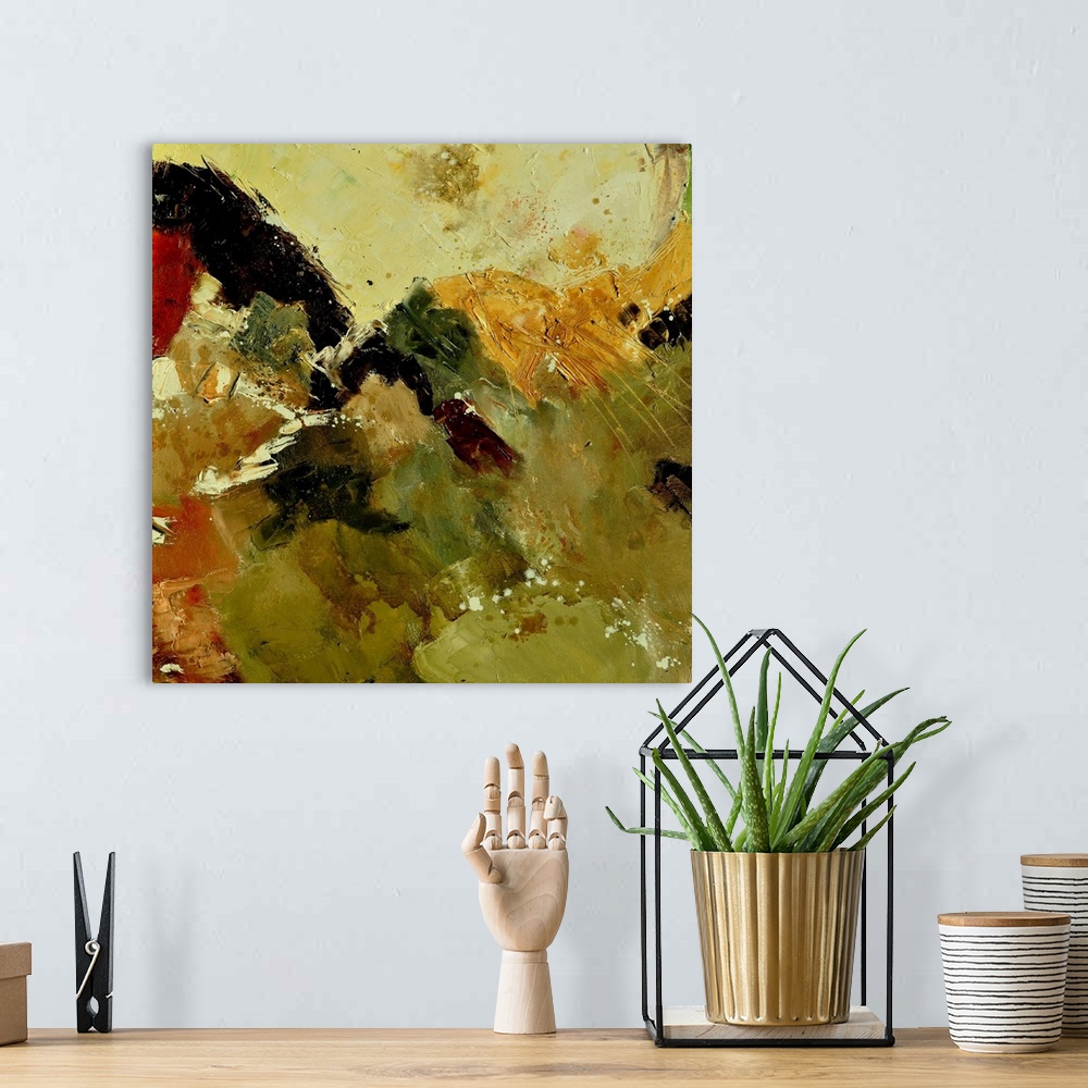 A bohemian room featuring Abstract painting with muted hues in shades of red, yellow, green and brown mixed in with black c...