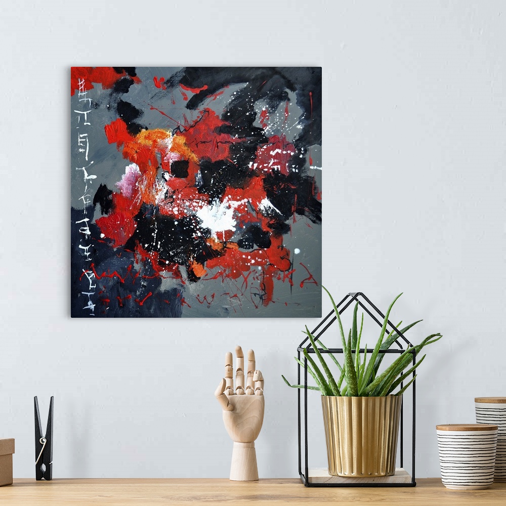 A bohemian room featuring Abstract painting of colors of red, black and gray with hints of white in textured brush strokes ...