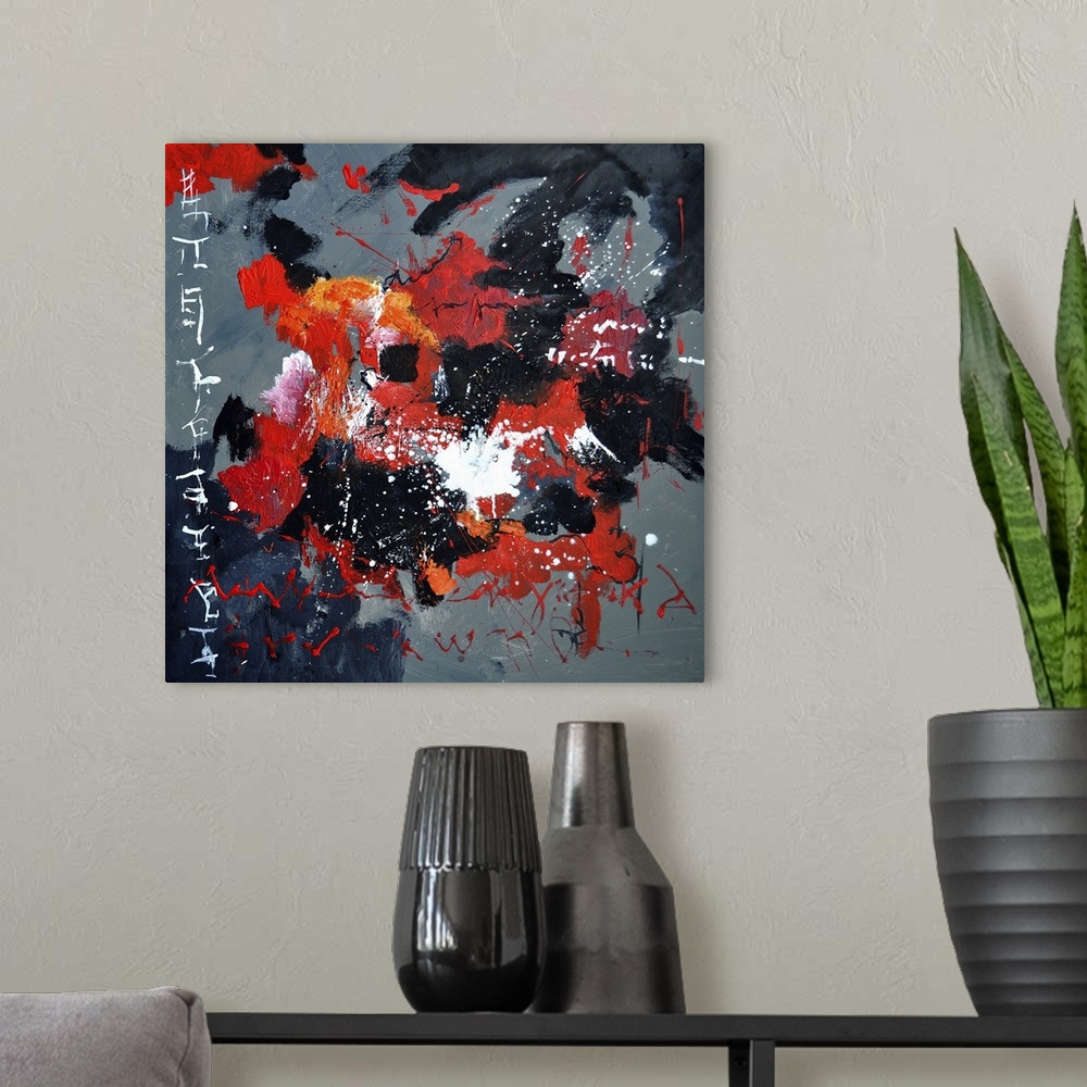 A modern room featuring Abstract painting of colors of red, black and gray with hints of white in textured brush strokes ...
