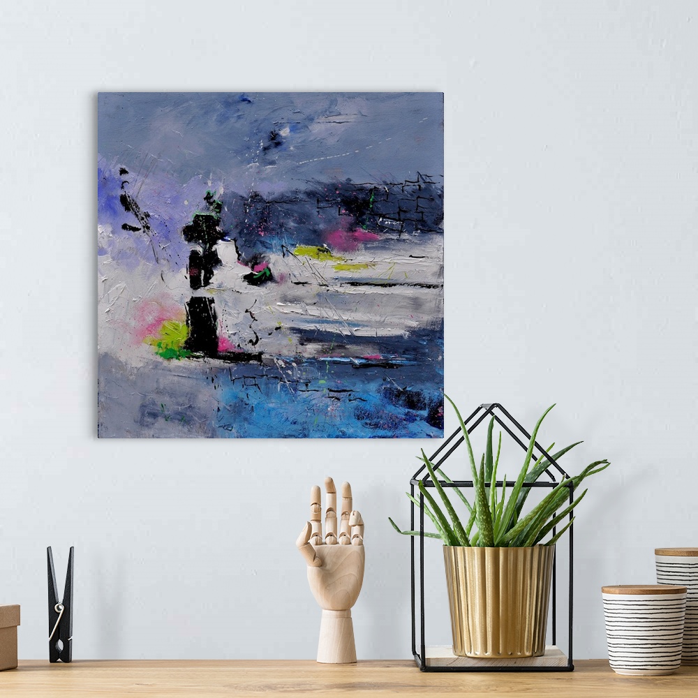 A bohemian room featuring Square abstract painting in shades of green, pink, purple, blue and white mixed in with black con...