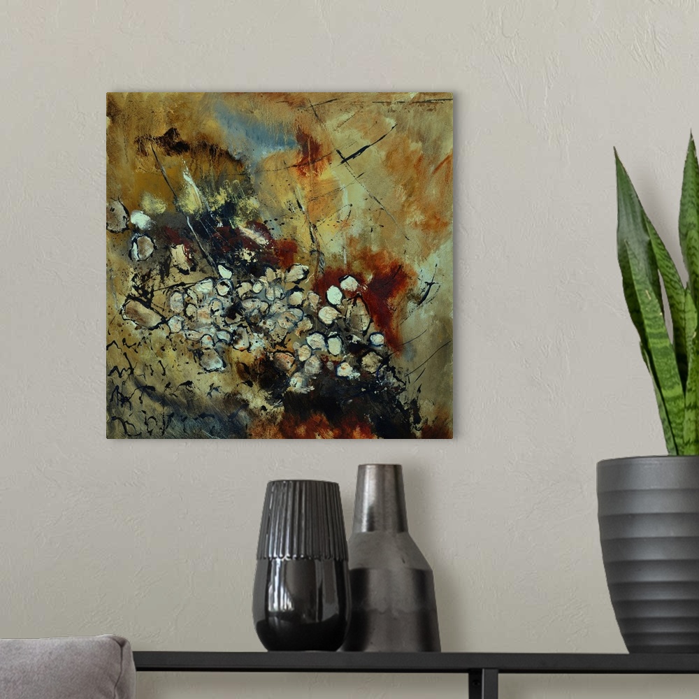 A modern room featuring A square abstract painting in dark shades of black, white, brown and orange with splatters of pai...