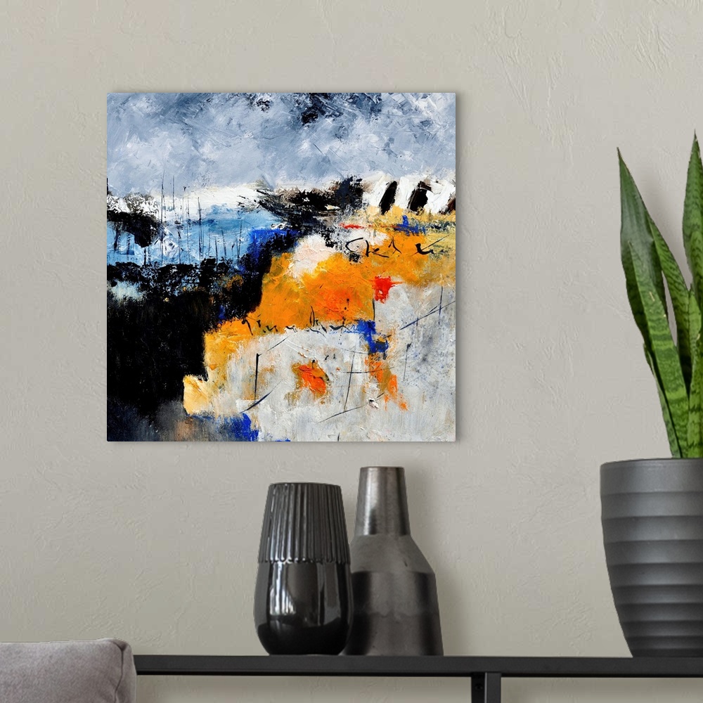 A modern room featuring A square abstract painting in shades of black, blue, white and orange with splatters of paint ove...