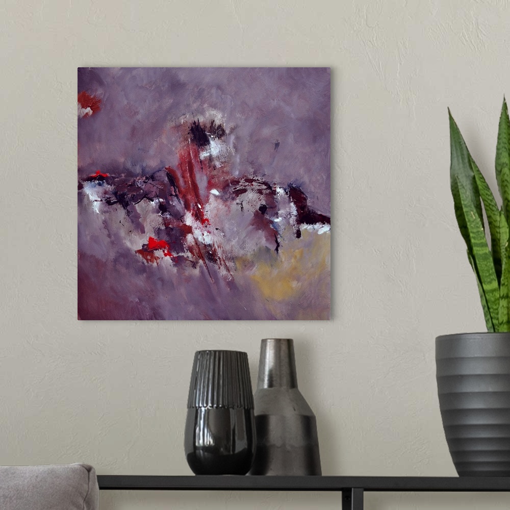 A modern room featuring A square abstract painting in darker shades of purple, red, white and yellow with splatters of pa...
