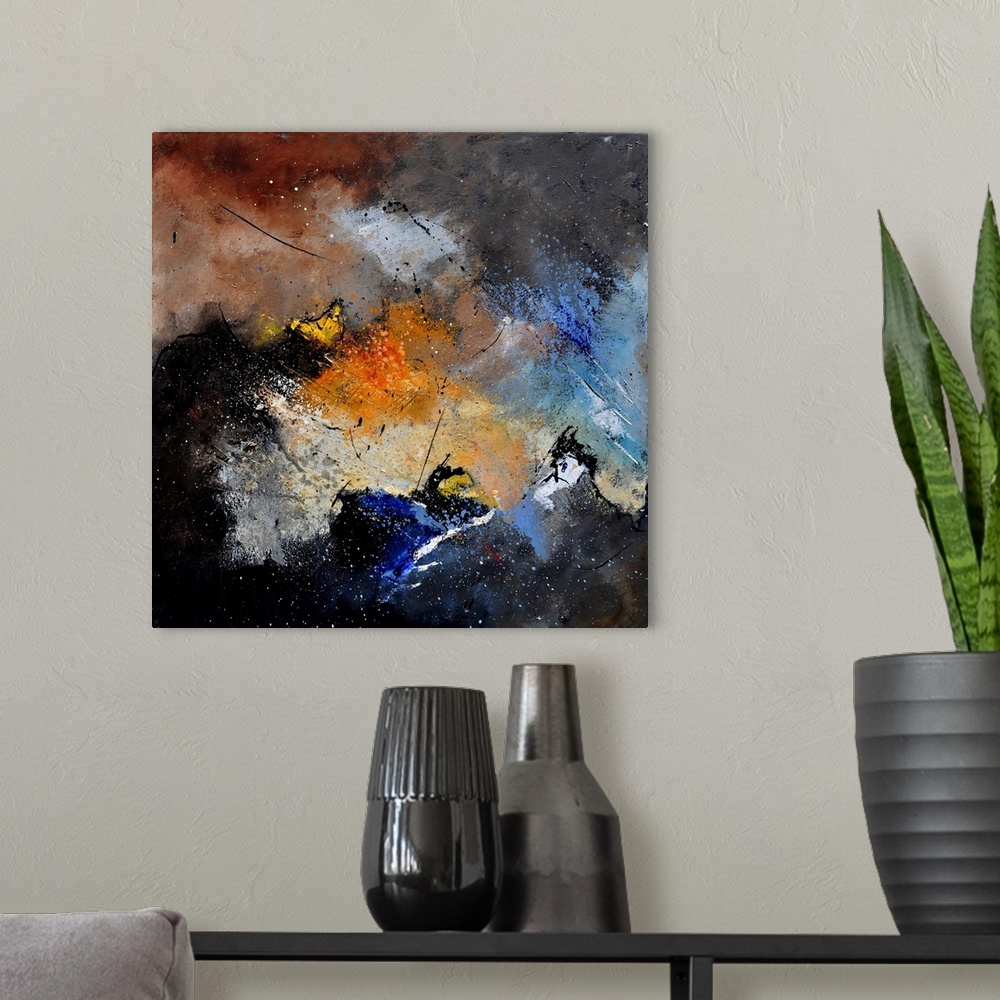 A modern room featuring A square abstract painting in dark shades of black, blue, brown and orange with splatters of pain...
