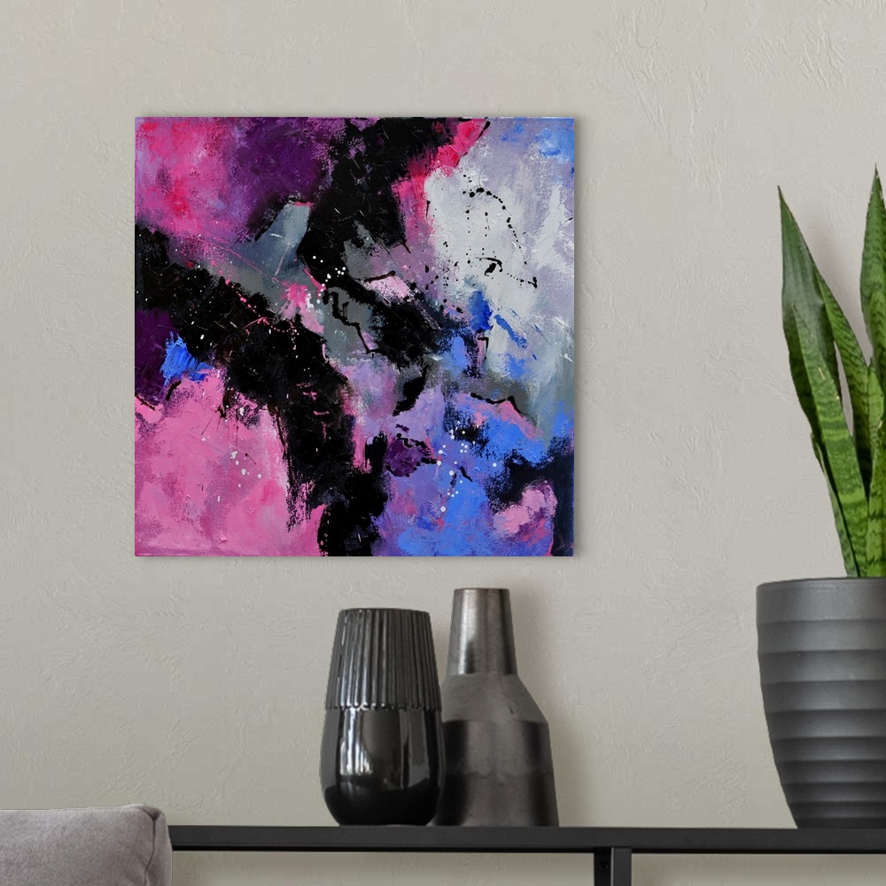 A modern room featuring A square abstract painting in dark shades of black, purple and pink with splatters of paint overl...