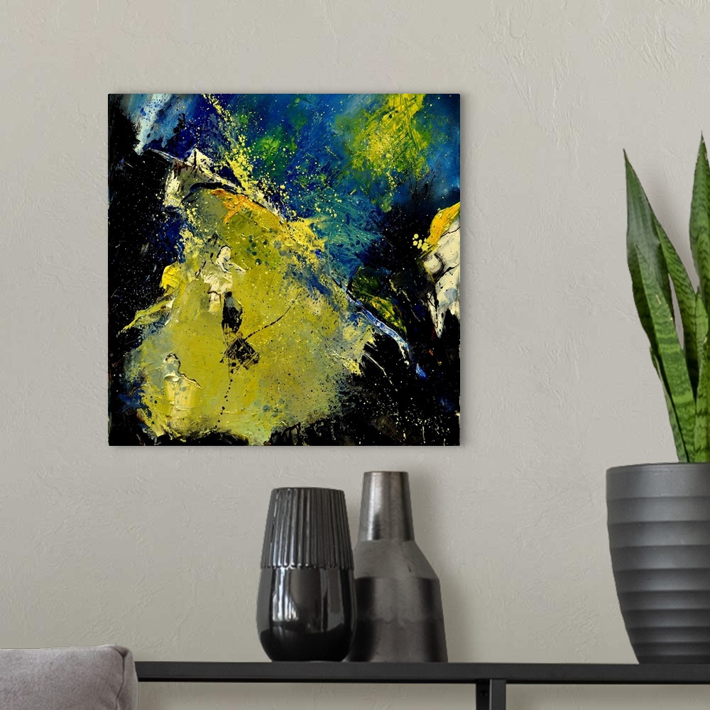 A modern room featuring A square abstract painting in textured shades of black, blue and yellow with splatters of paint o...