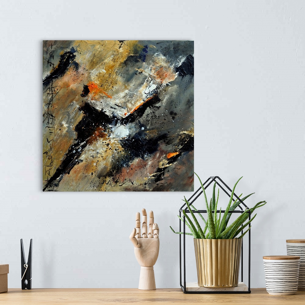 A bohemian room featuring A square abstract painting in dark shades of black, orange, white and brown with splatters of pai...