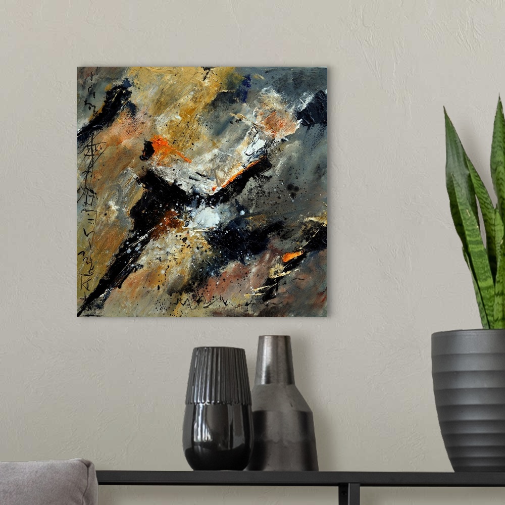 A modern room featuring A square abstract painting in dark shades of black, orange, white and brown with splatters of pai...